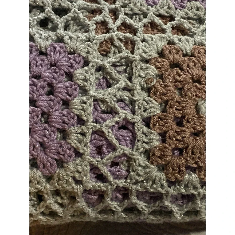 Granny Square Purple Gray Crochet Coverlet Throw Blanket Afghan 53x73 Cottage